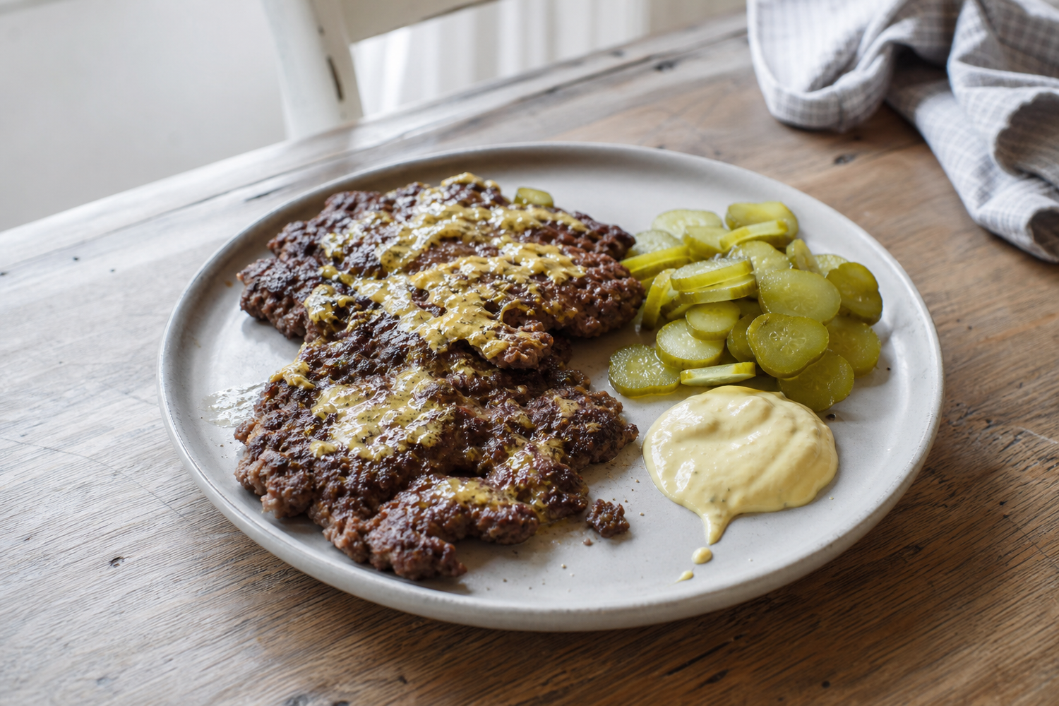 Smashed burgers uit de pan met augurk en mosterdmayo