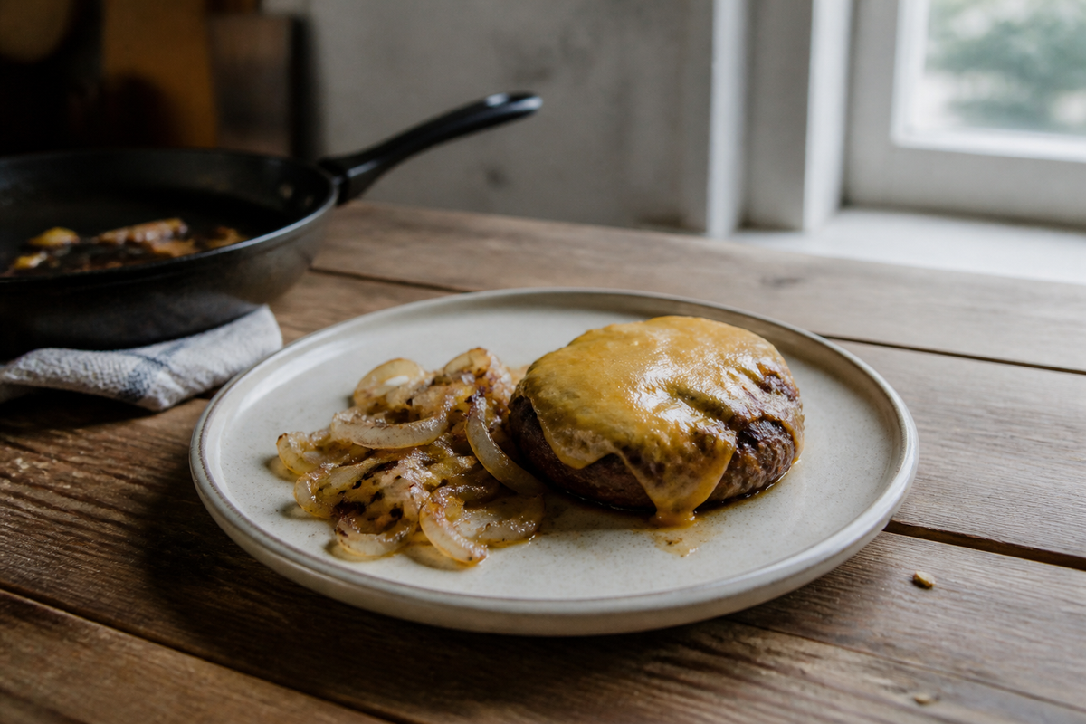 Cheeseburger uit de pan met gebakken ui