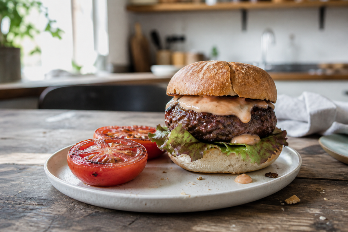 BBQ-burger met gegrilde tomaat en burgersaus