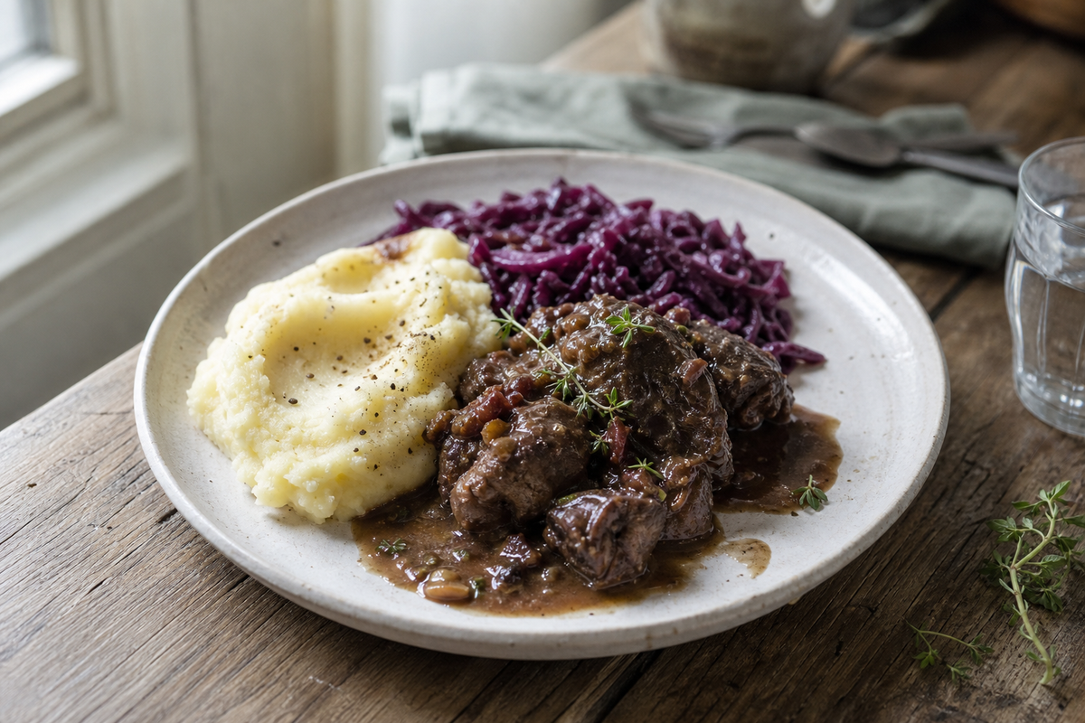 Hazenpeper met aardappelpuree en rodekool