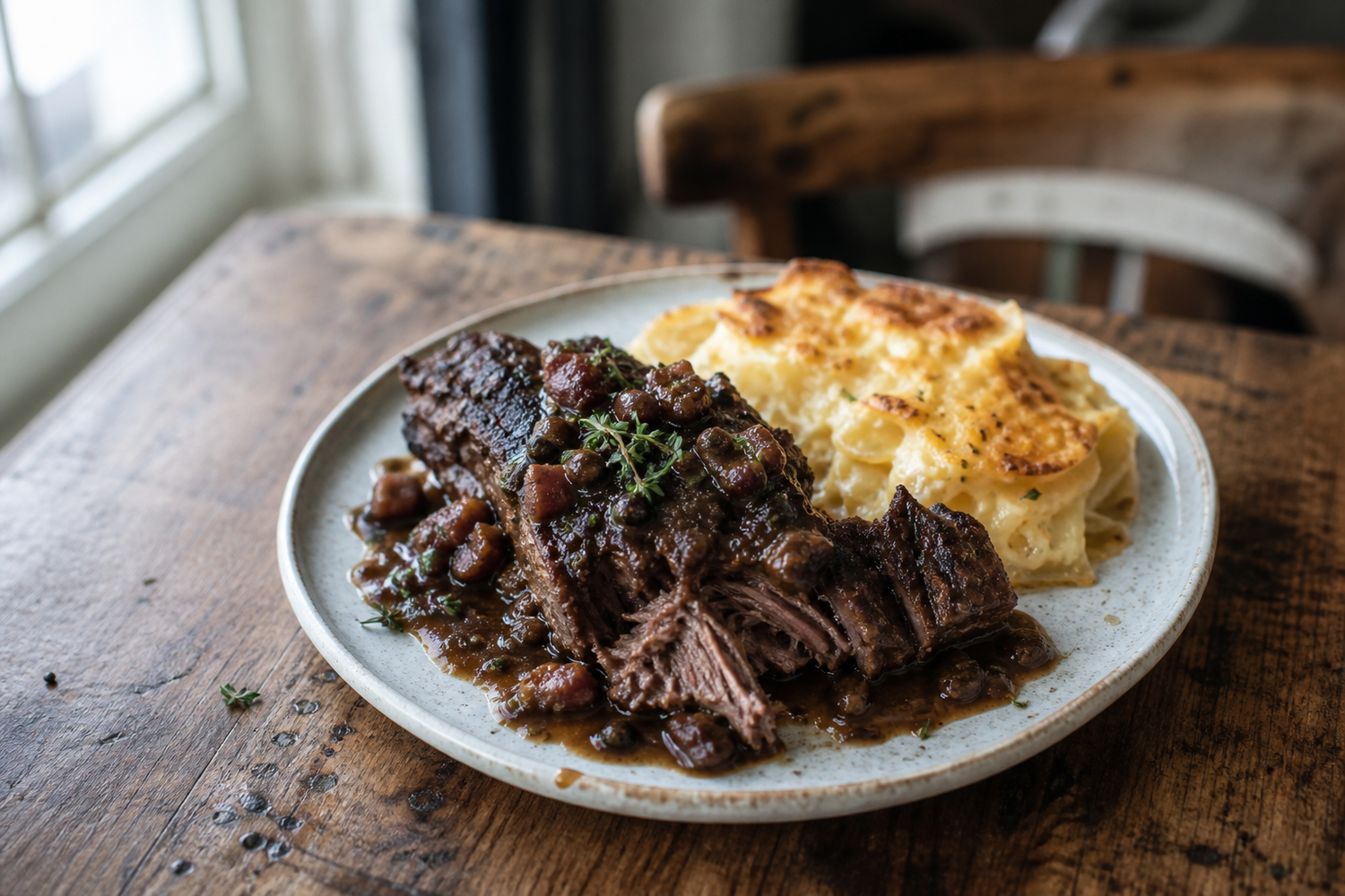 Hazenpeper uit de oven met aardappelgratin