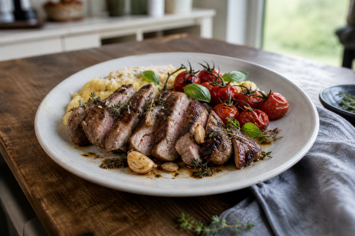 Iberico nek uit de pan met tijm en knoflook
