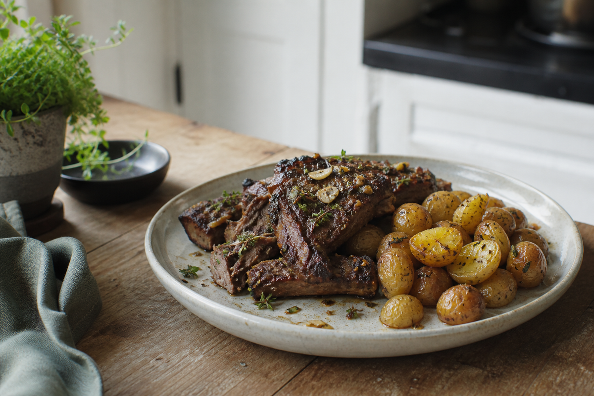 Langzaam gegaarde ribfingers uit de oven met knoflook en tijm