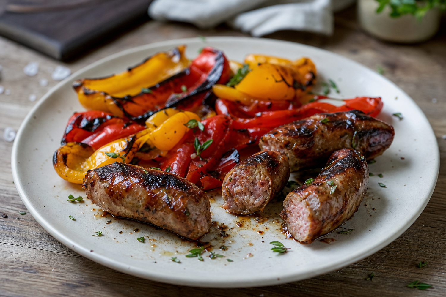 Iberico saucijzen van de BBQ met gegrilde paprika