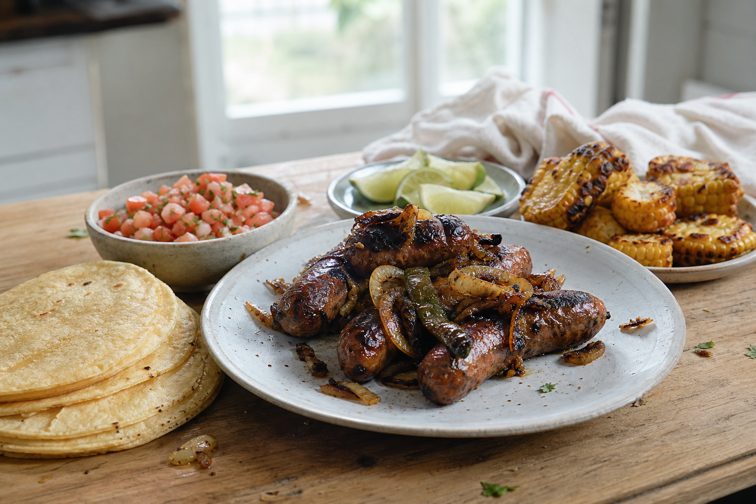 Gegrilde jalapeño worsten met gebakken uien