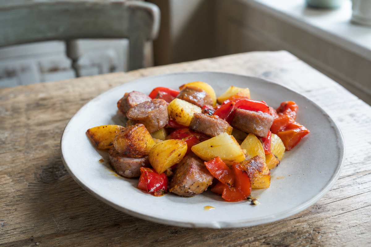 Traybake met worst, aardappel en paprika