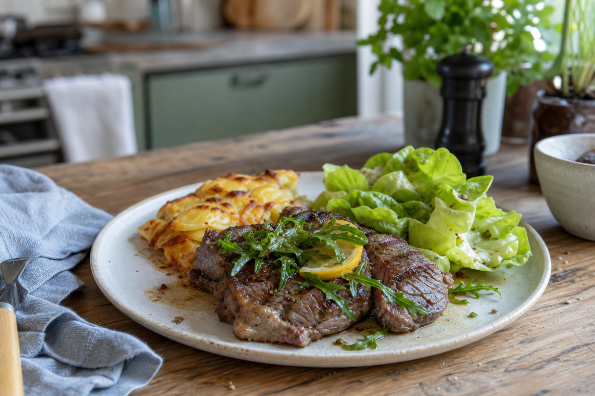 Gegrilde kalfsentrecote met citroen en rucola
