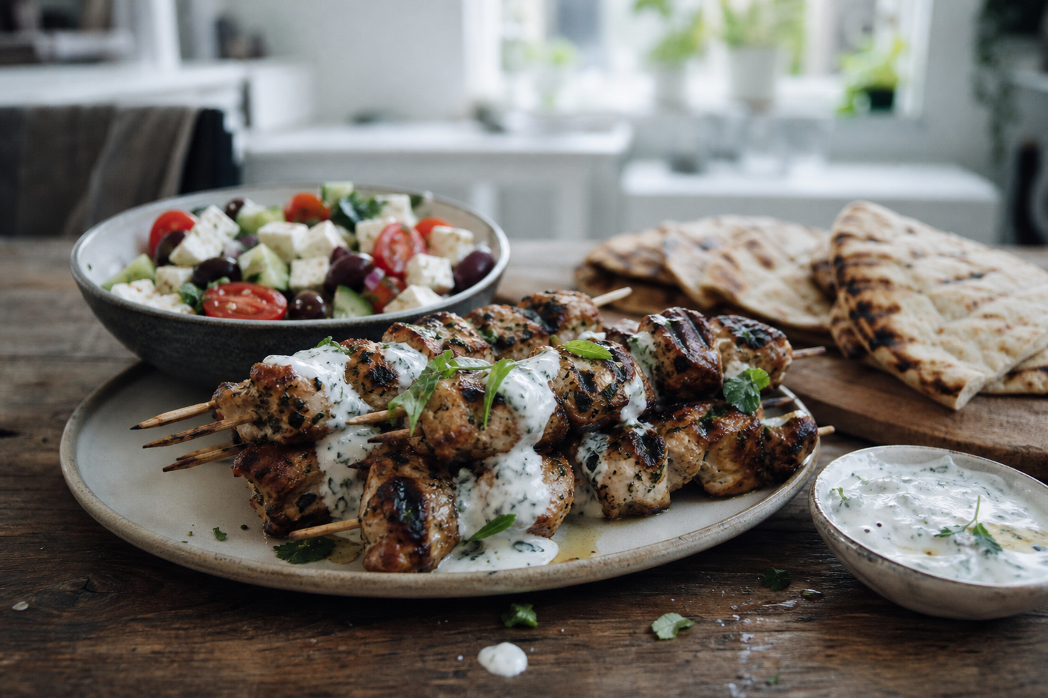 Gegrilde kipspiesjes met yoghurt en kruiden