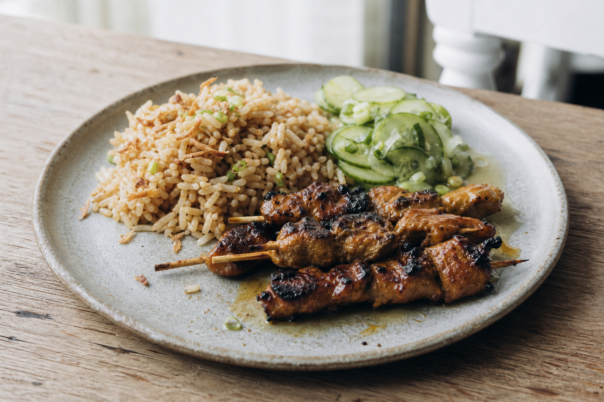 Kipsaté uit de oven met nasi en snelle komkommersalade
