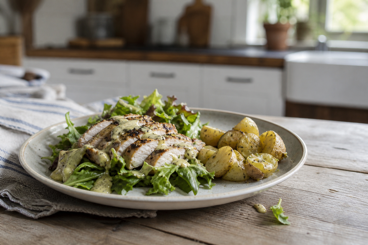 Warme kipsalade met aardappel en mosterddressing