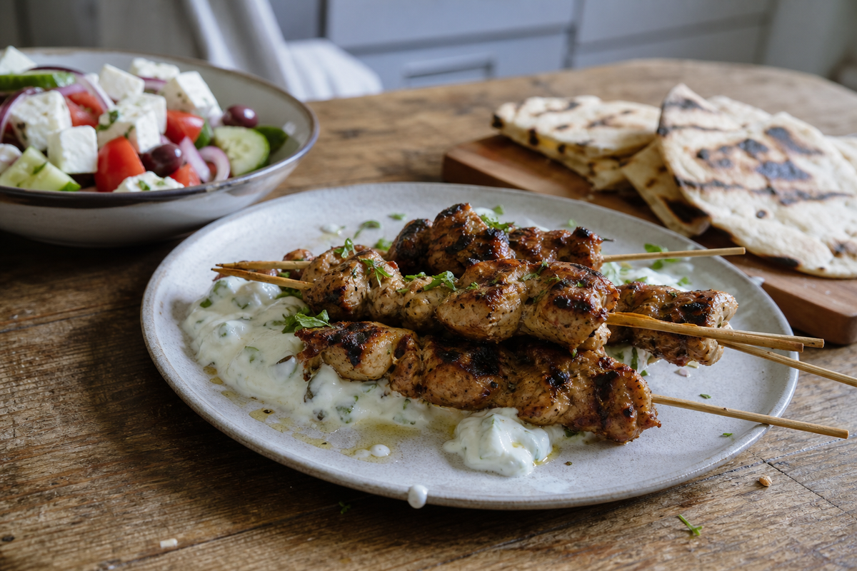 Gegrilde kipdijspiesen met yoghurt en komkommer