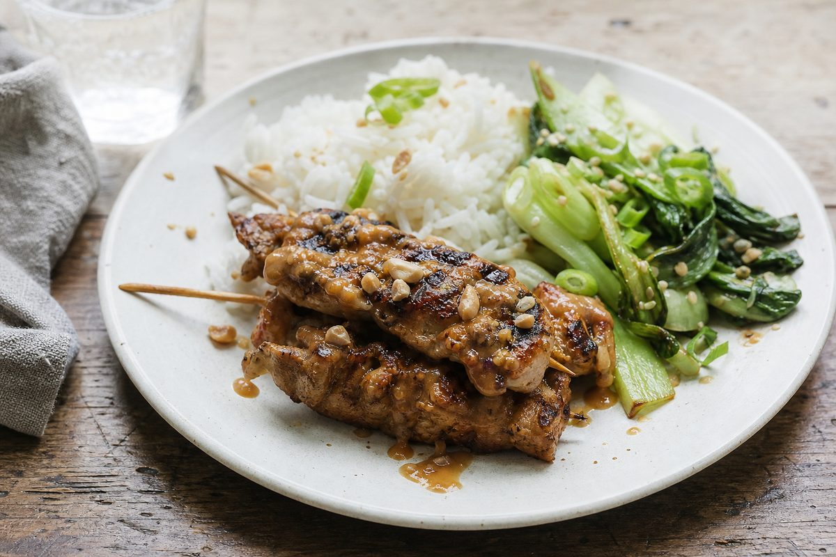 Kipdij saté van de grill met pindasaus