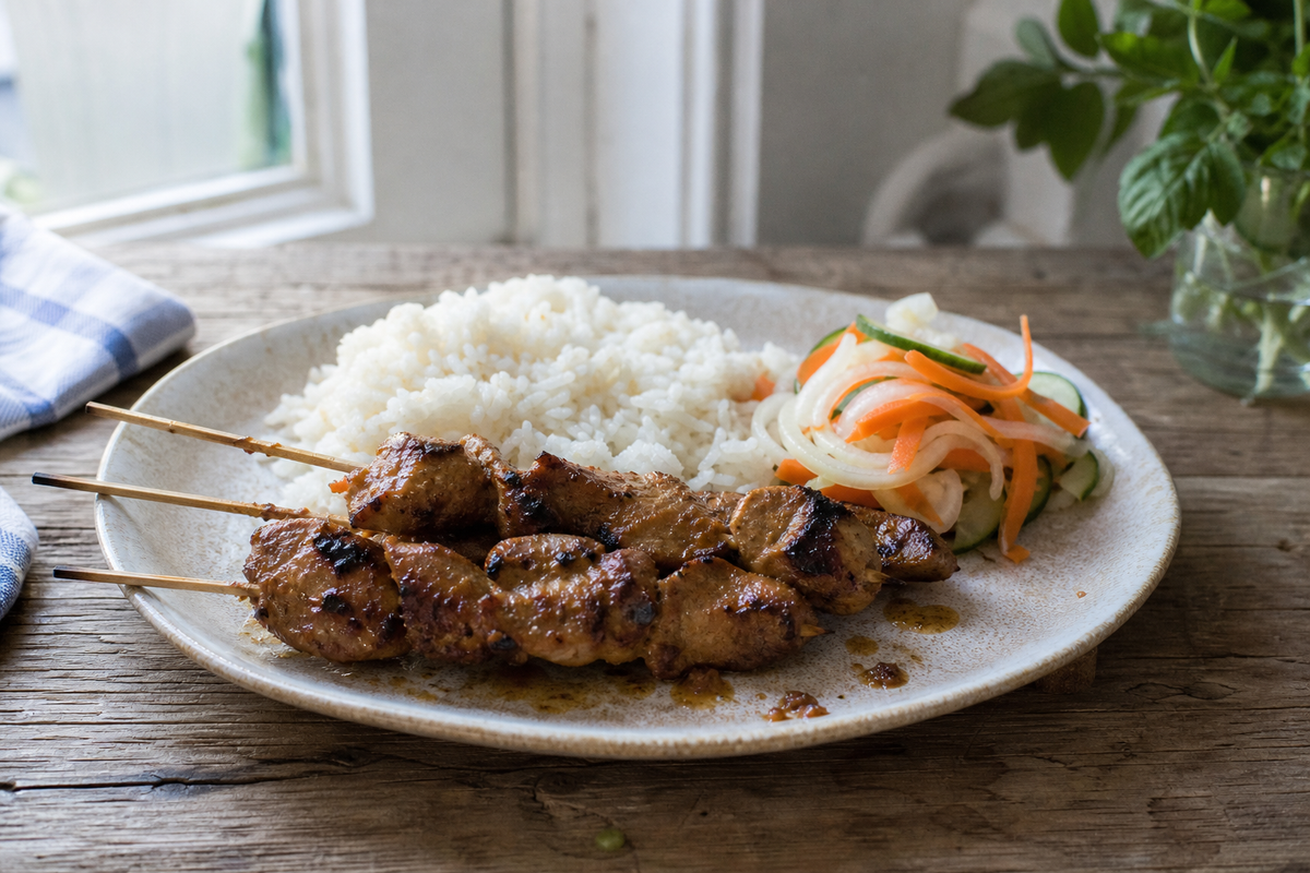 Saté met nasi en snelle atjar