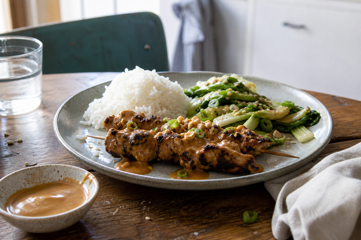 Kipsaté van de BBQ met pindasaus