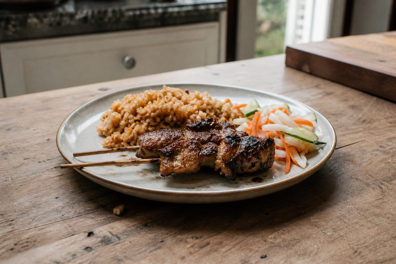 Kipsaté uit de oven met nasi en atjar