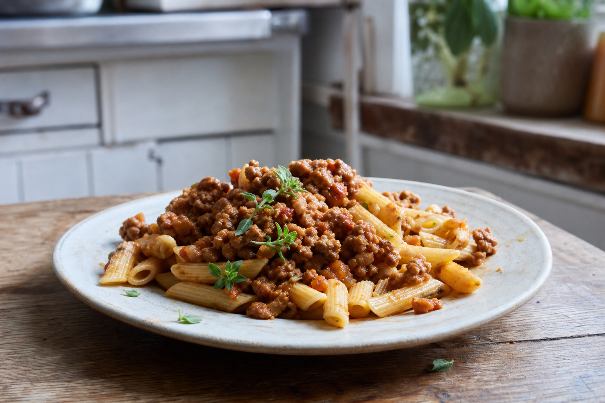 Pasta met kruidige gehaktsaus