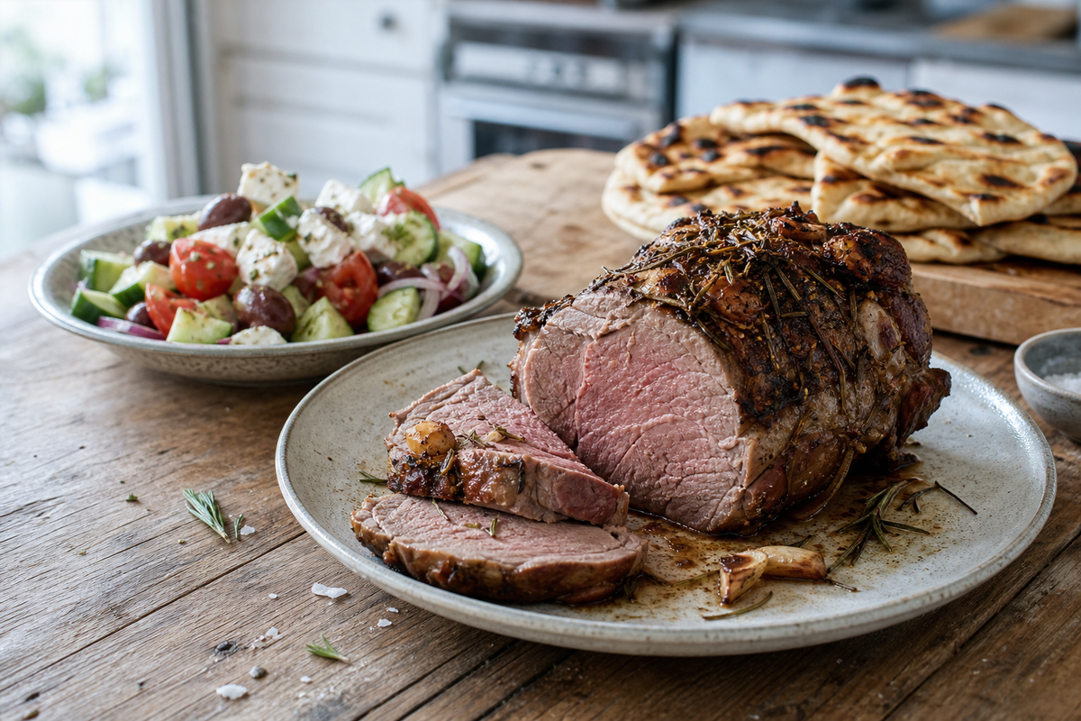 Rosé lamsbout uit de oven met knoflook en rozemarijn