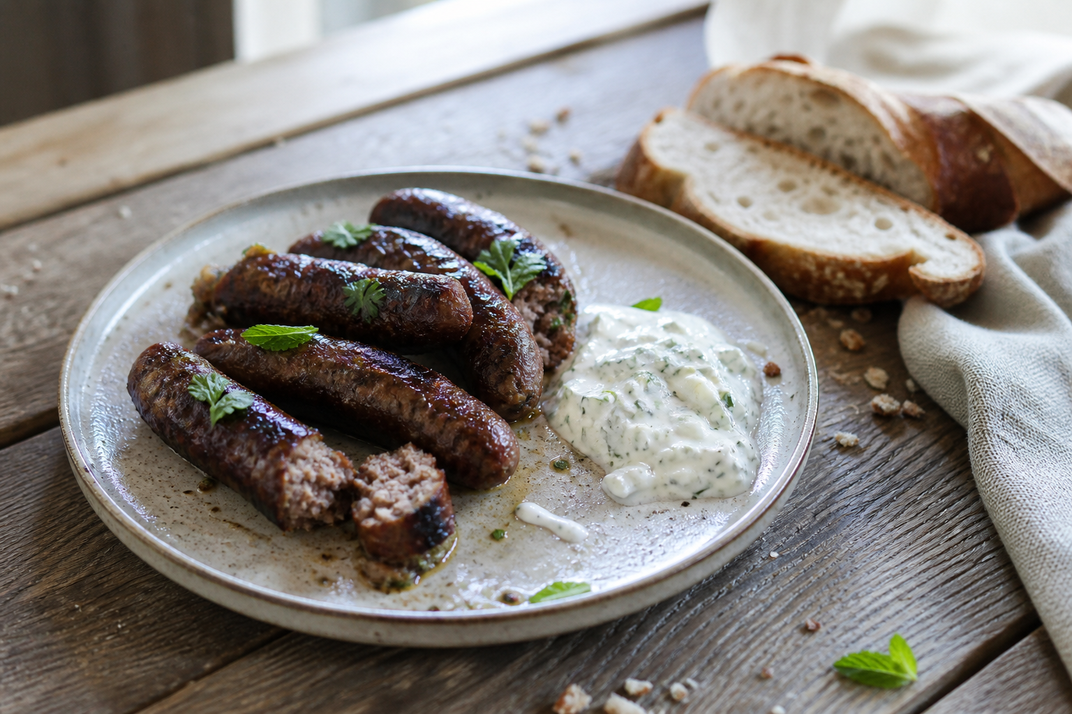Lamsworstjes van de grill met yoghurtsaus