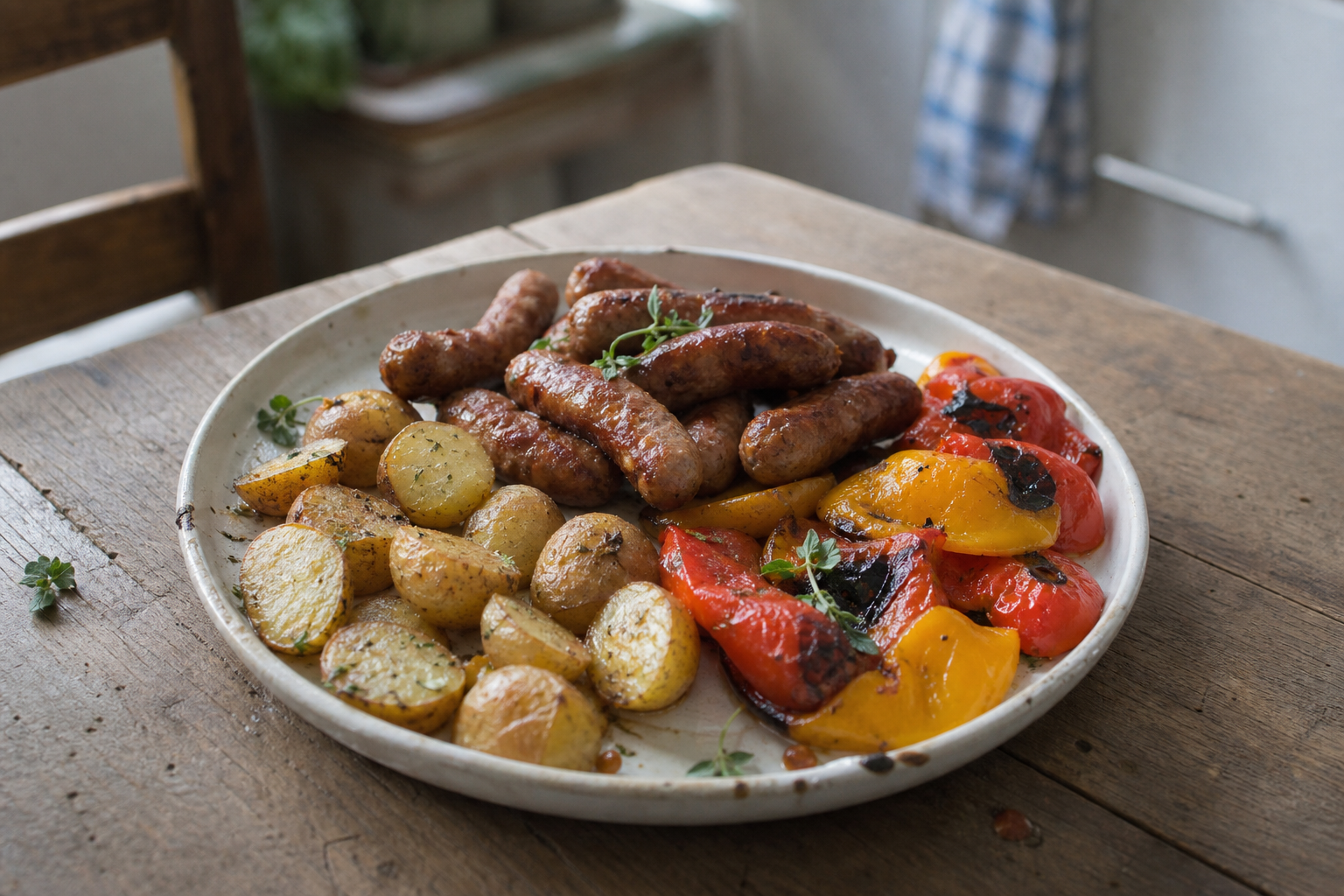 Lamsworstjes uit de oven met paprika en aardappel