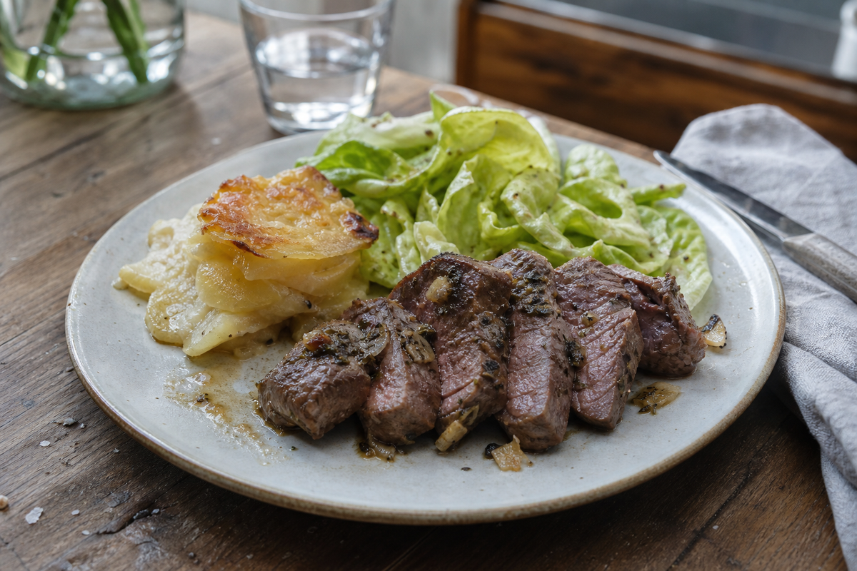 Lamsrugfilet uit de pan met knoflook en tijm