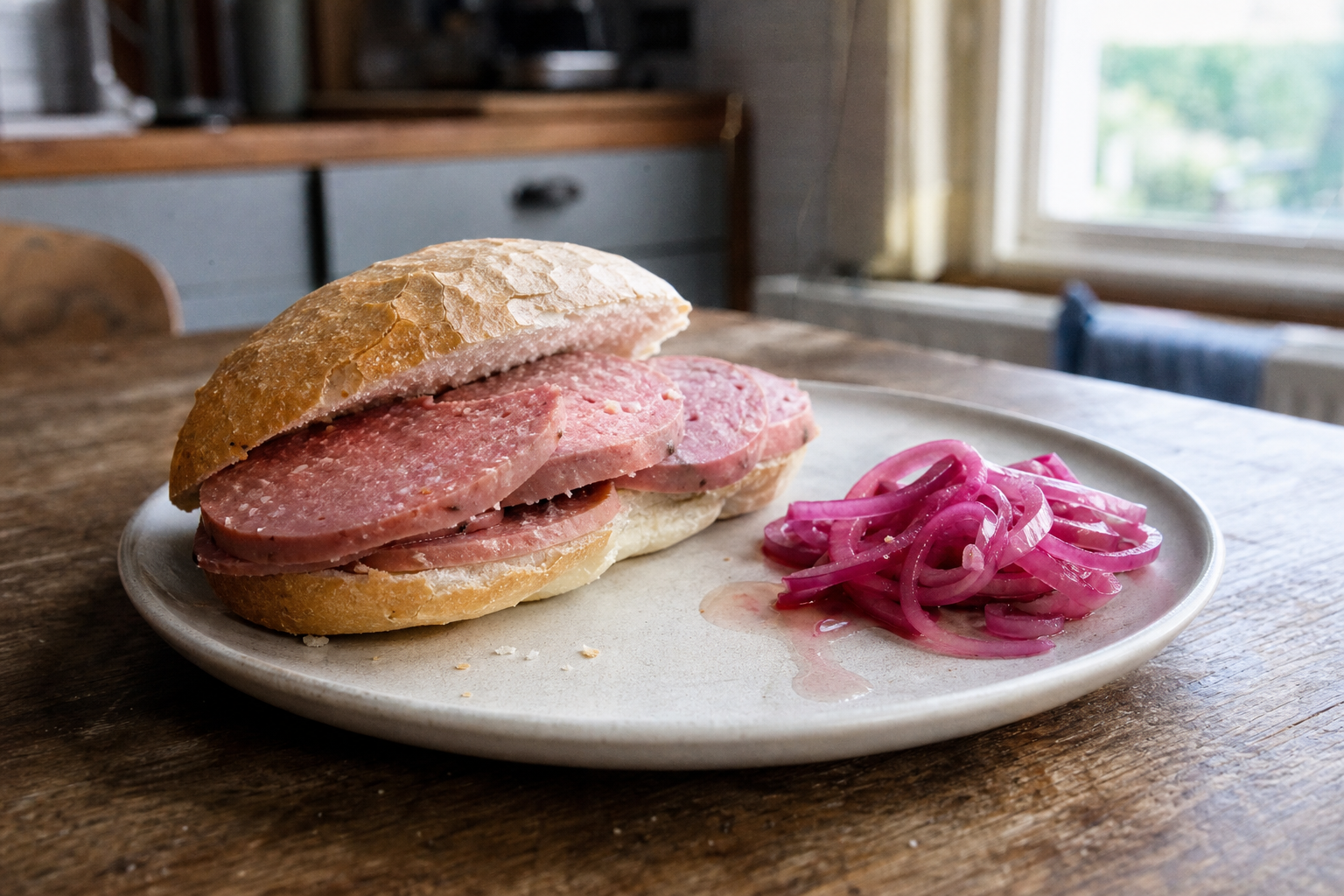 Broodje ossenworst met ingelegde rode ui