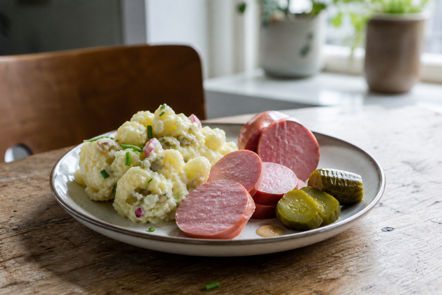 Aardappelsalade met ossenworst en augurk