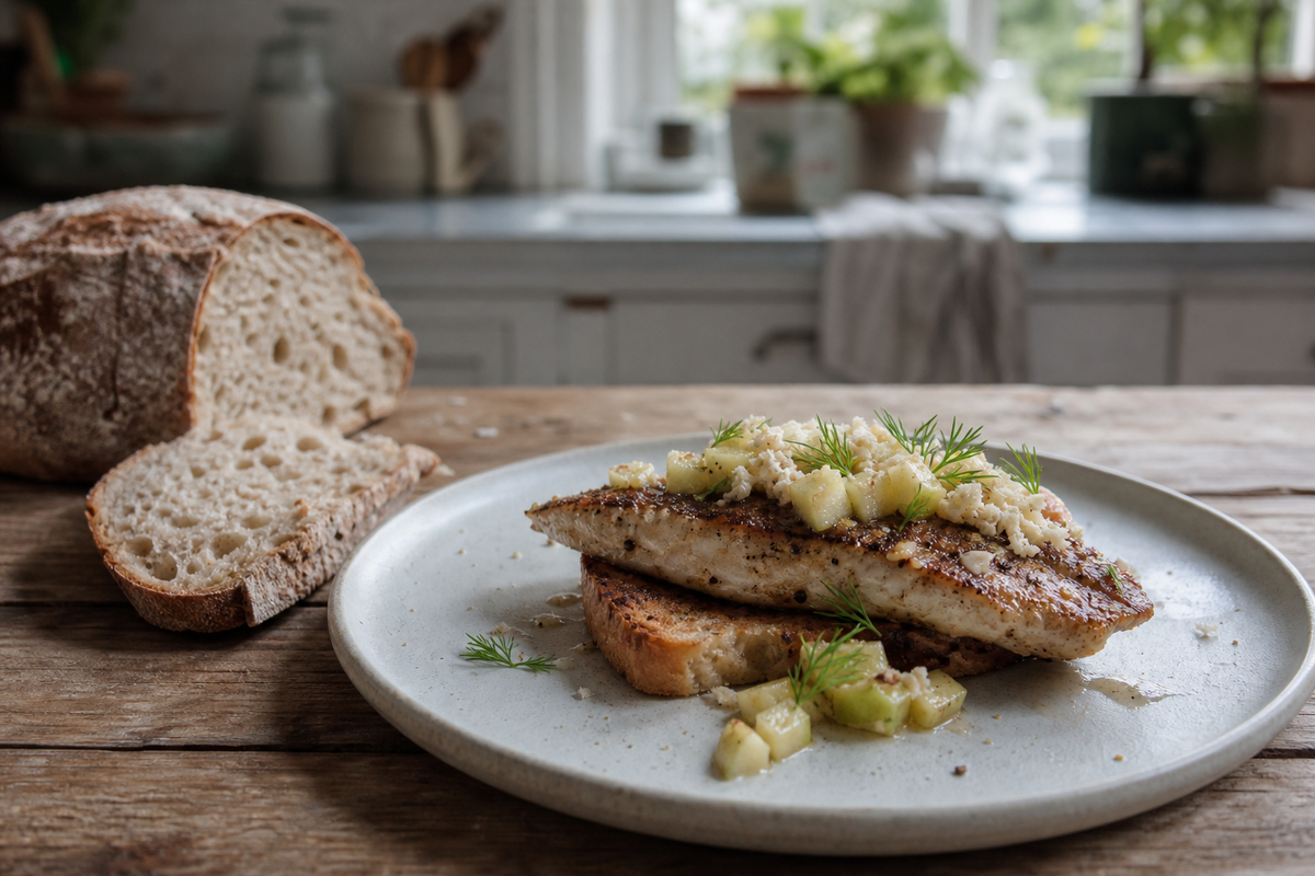 Palingfilet op brioche met appel en mierikswortel