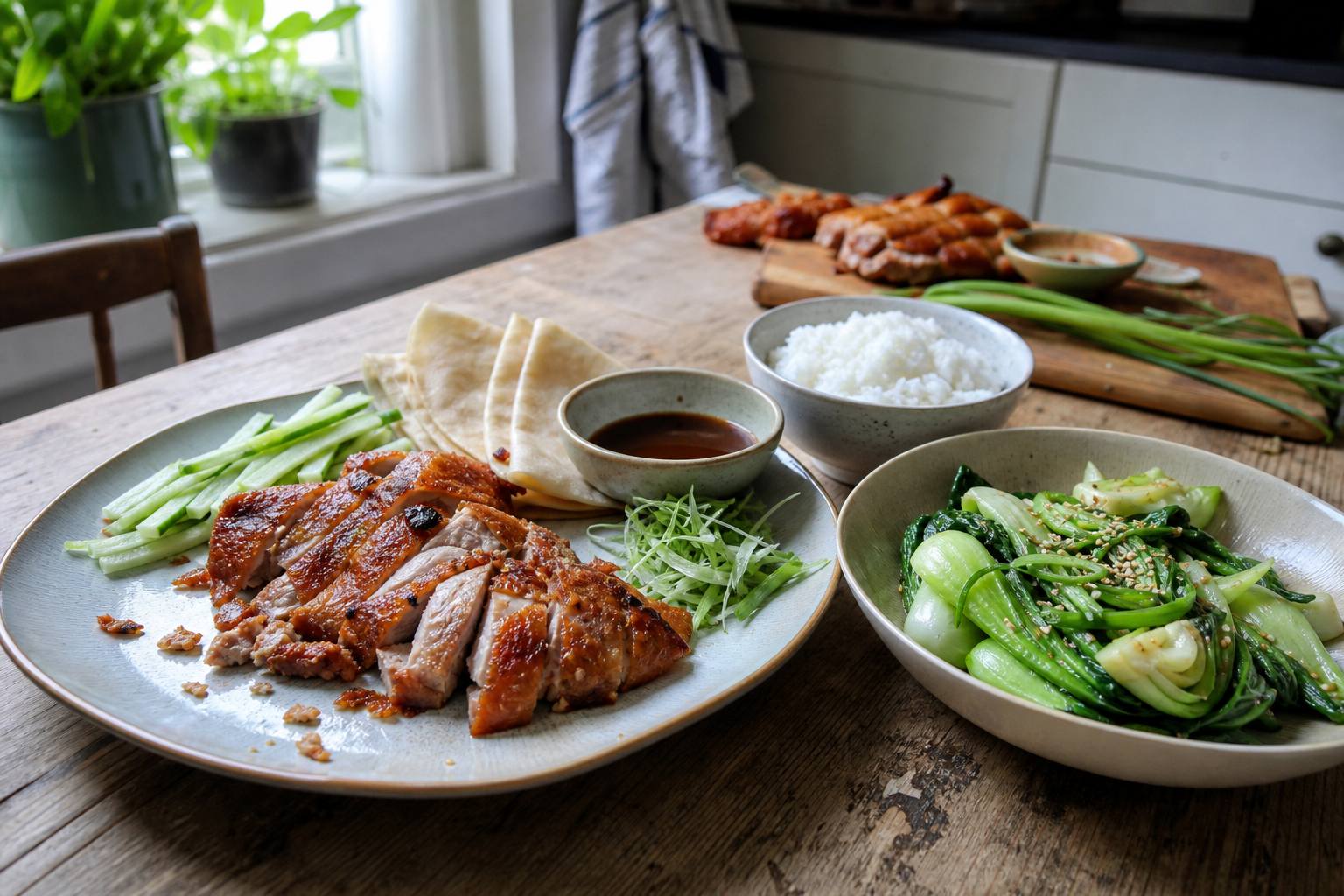 Krokante peking eend met komkommer en pannenkoekjes