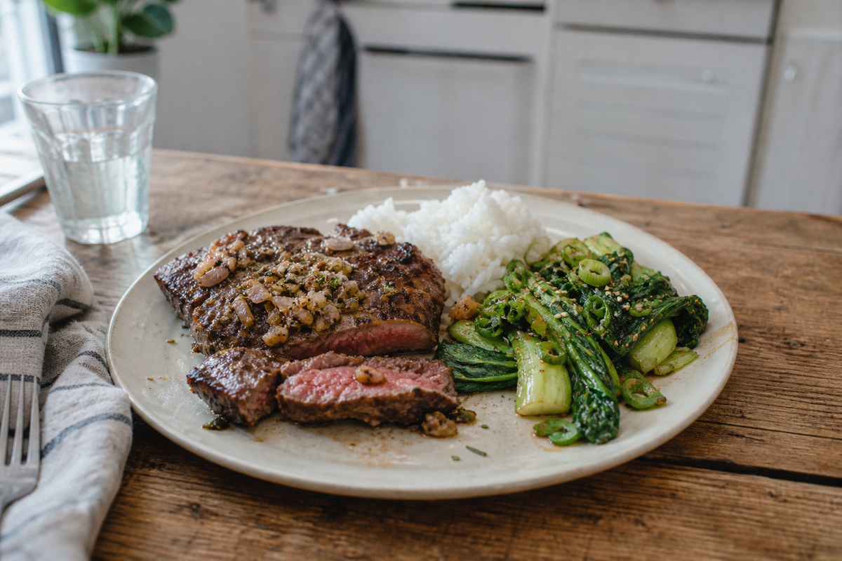 Gebraden rib-eye uit de oven met boter en sjalot