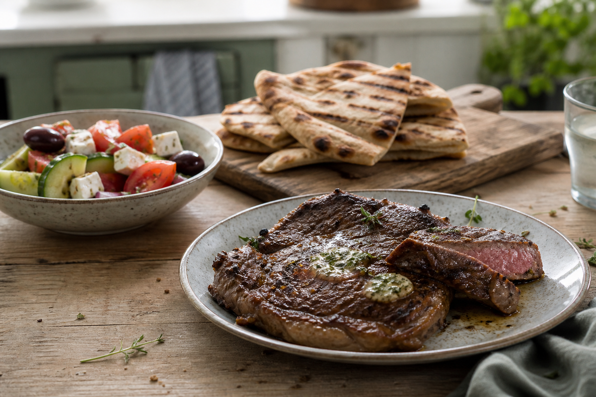 Rib-eye uit de pan met knoflookboter