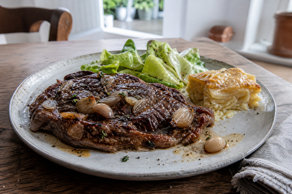 Gebraden rib-eye uit de oven met sjalot en boter