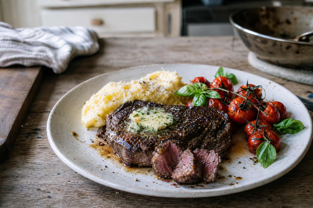 Ribeye uit de pan met kruidenboter