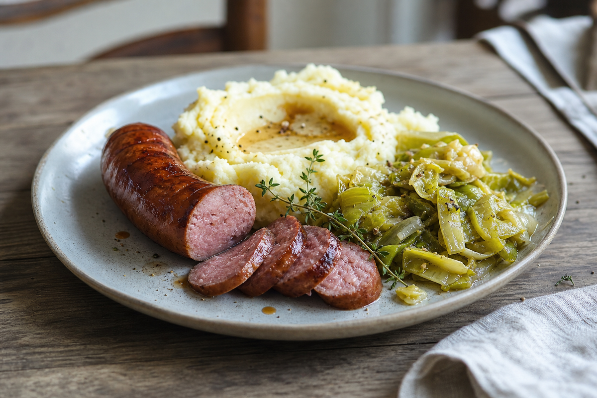Rookworst met aardappelpuree en gestoofde prei