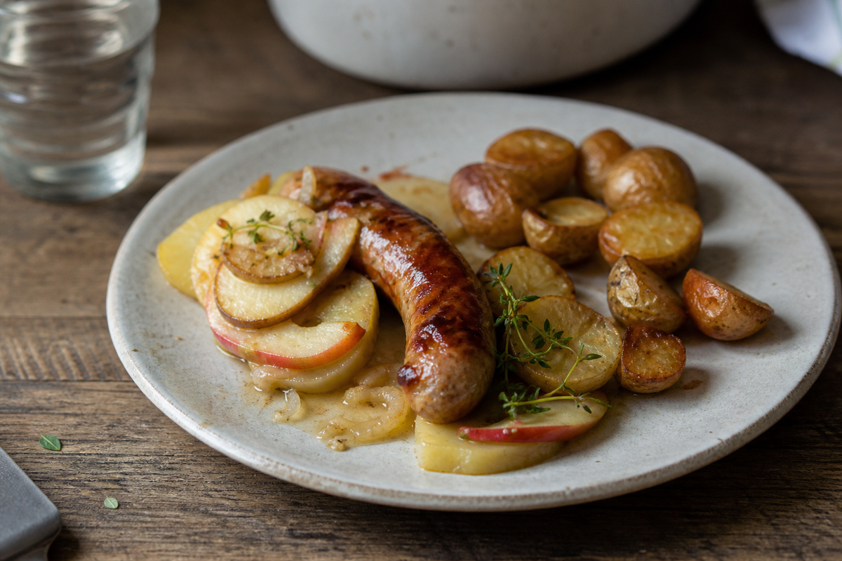 Saucijzen uit de pan met aardappel en appel