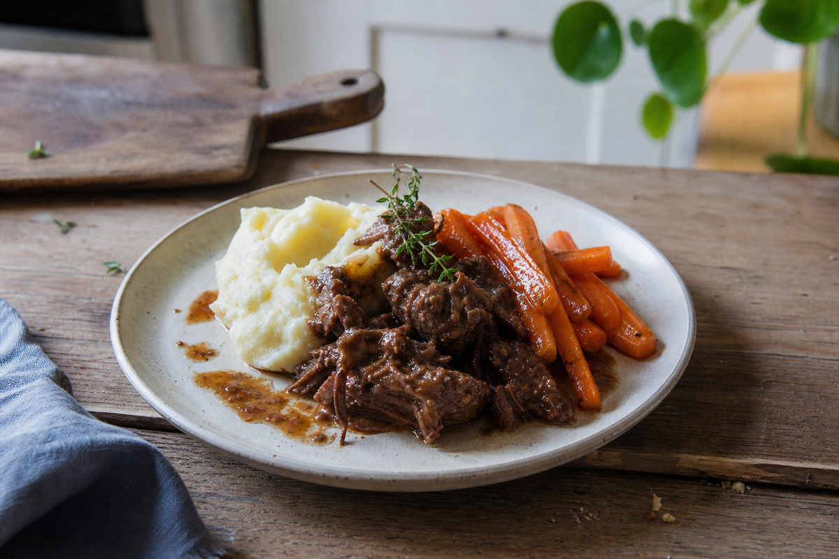 Stoofvlees met aardappelpuree en wortel