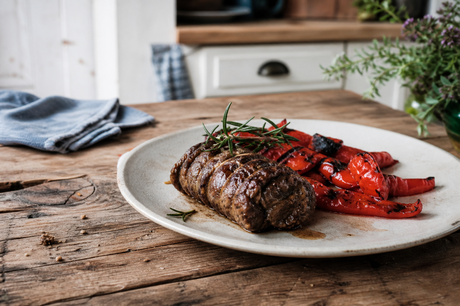Runder vink van de BBQ met gegrilde paprika