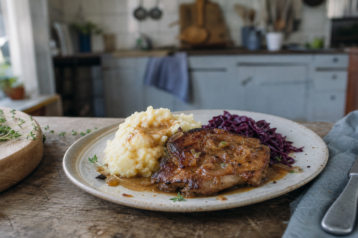 Schouderkarbonade uit de pan met ui en mosterdjus
