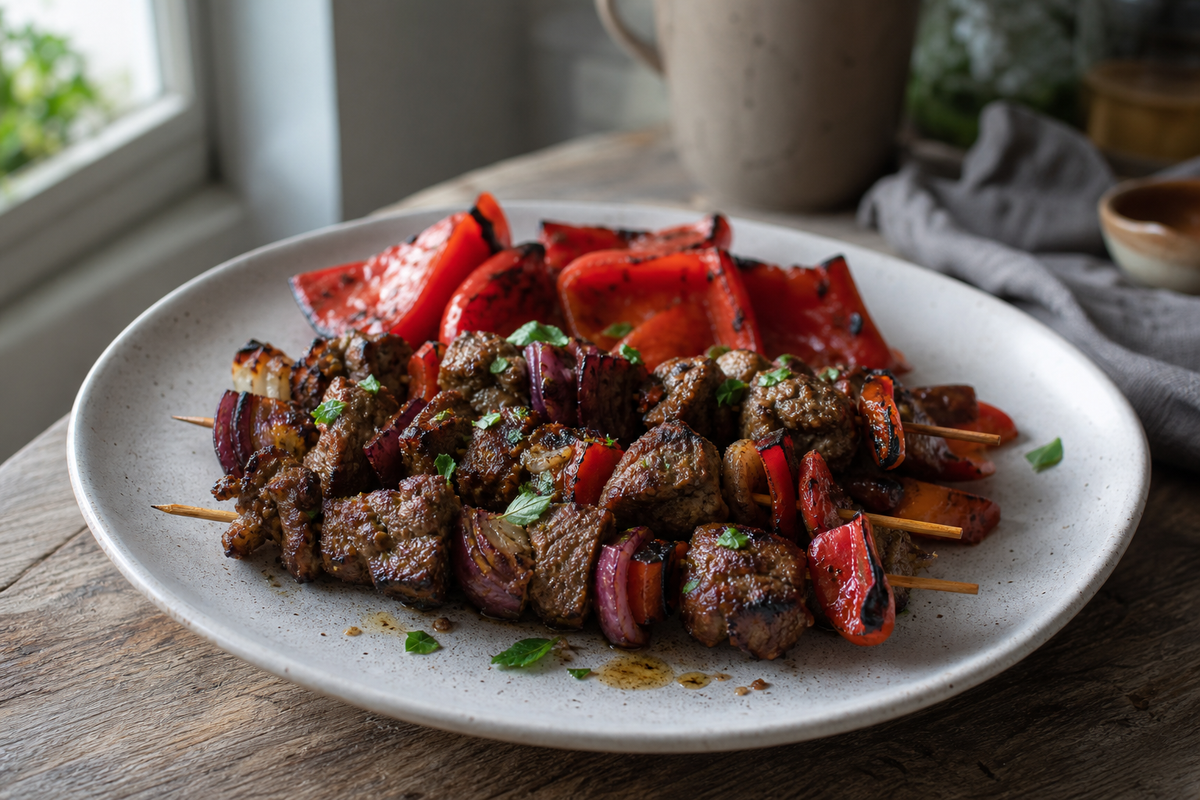 Gegrilde shaslicks met paprika en rode ui