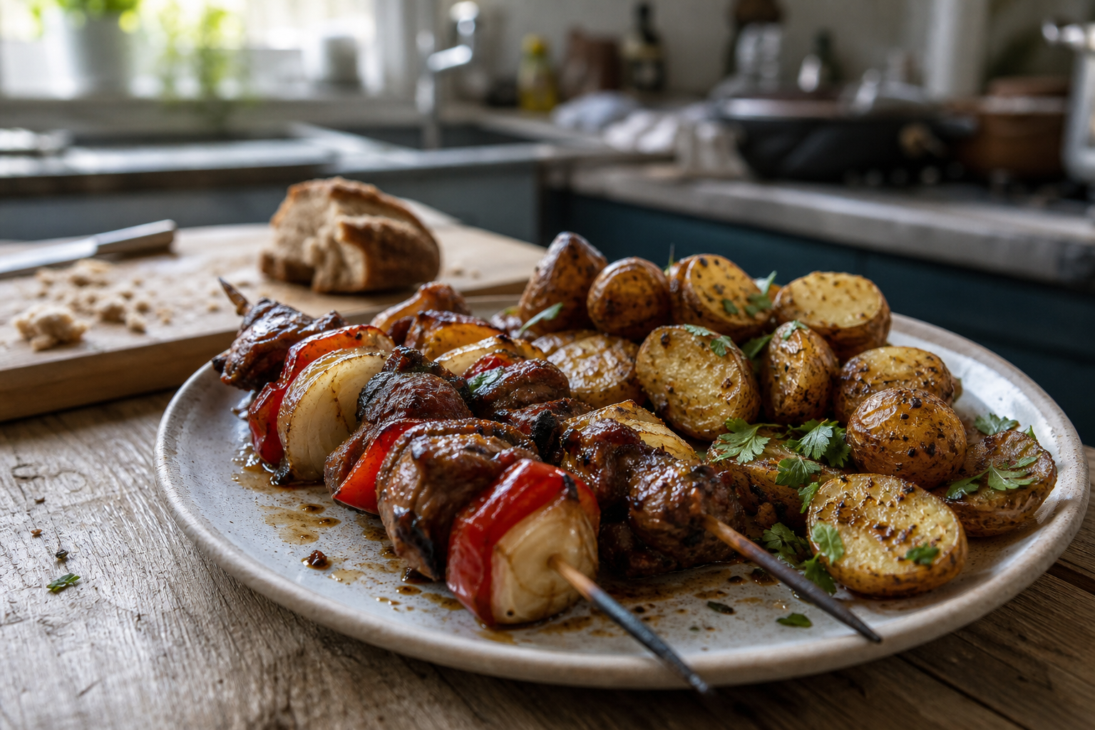 Shaslicks uit de oven met kruidige aardappels