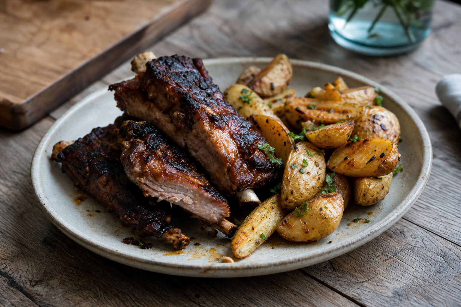 Spareribs uit de oven met kruidige aardappelpartjes