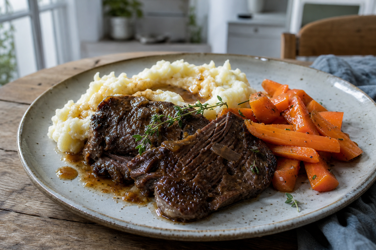Sucade in jus met aardappelpuree en wortel