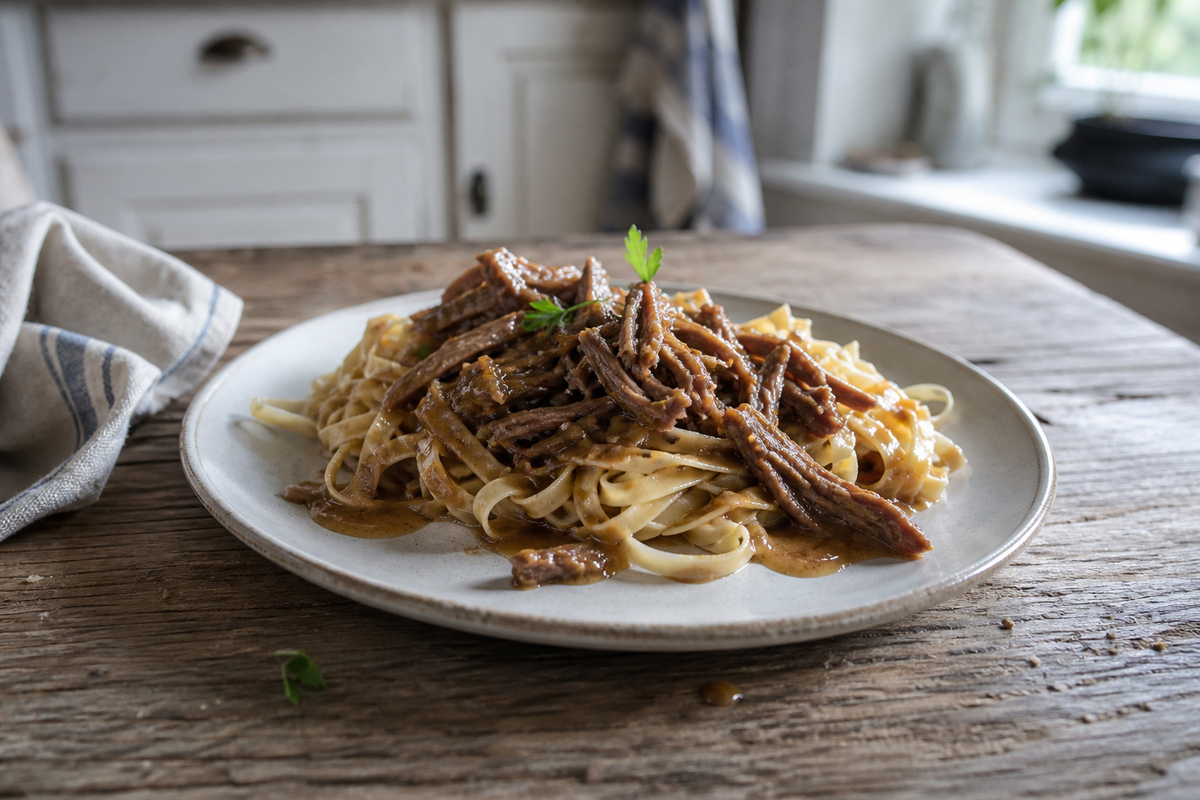 Pasta met draadjesvlees en jus