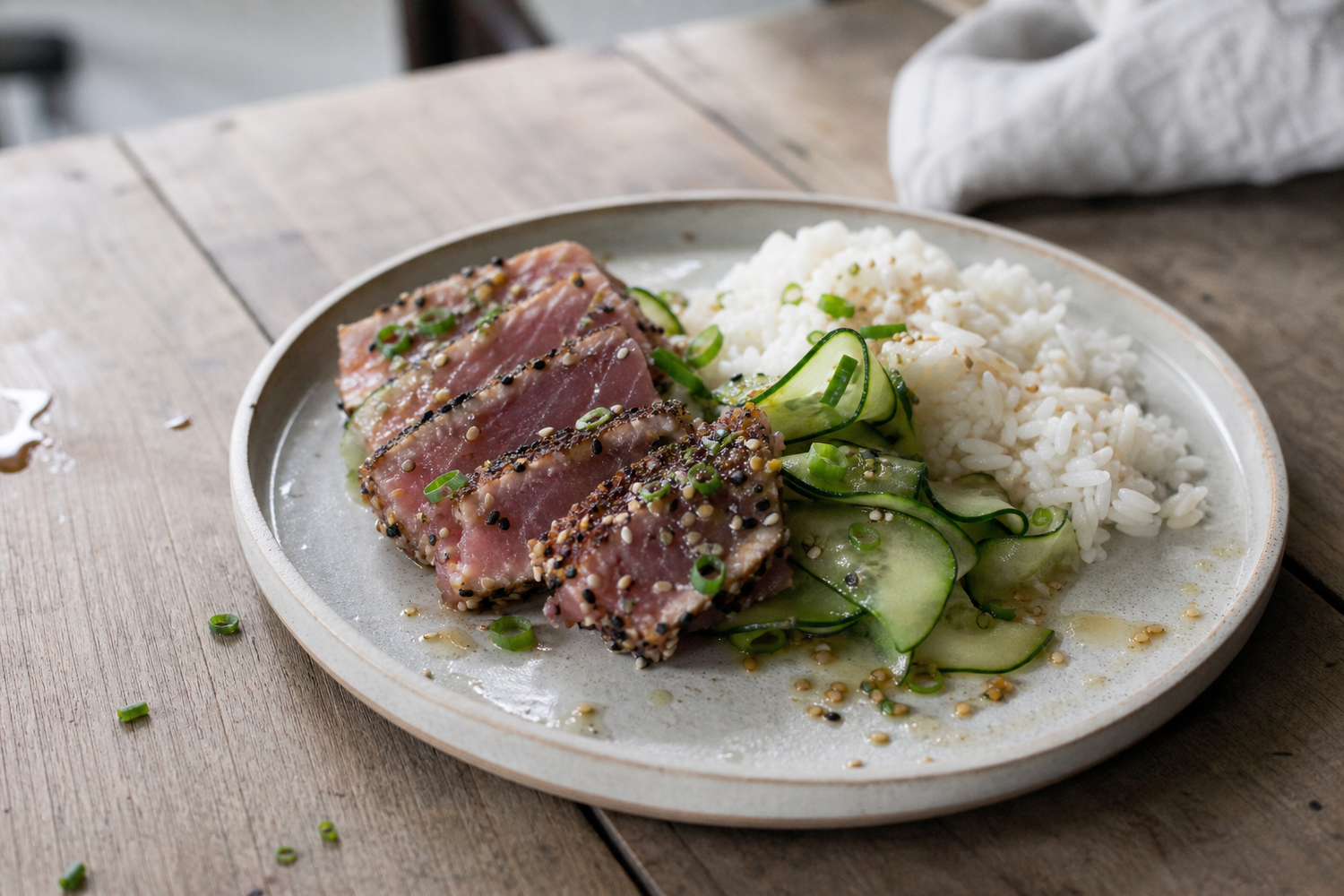 Tonijn tataki met komkommer en rijst