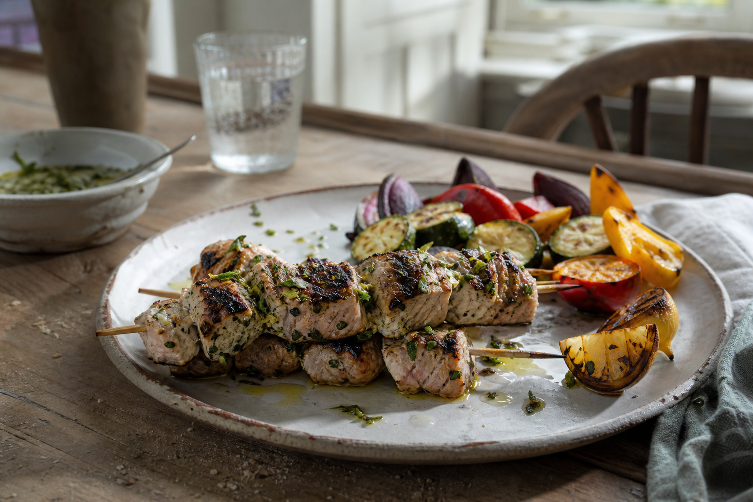 Gegrilde tonijnspiesjes met citroen en kruidenolie