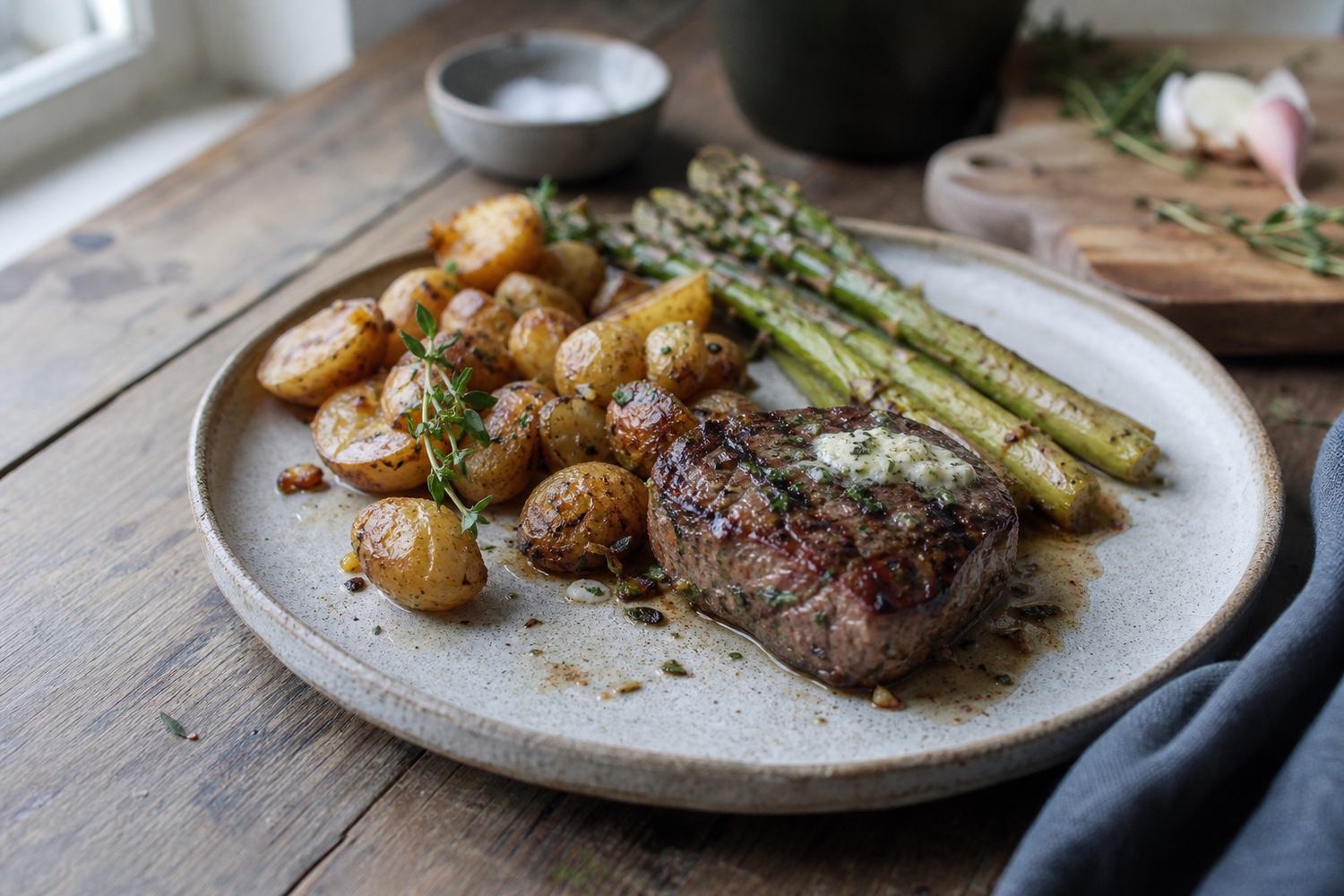 Gegrilde tournedos met knoflookaardappels en groene asperges