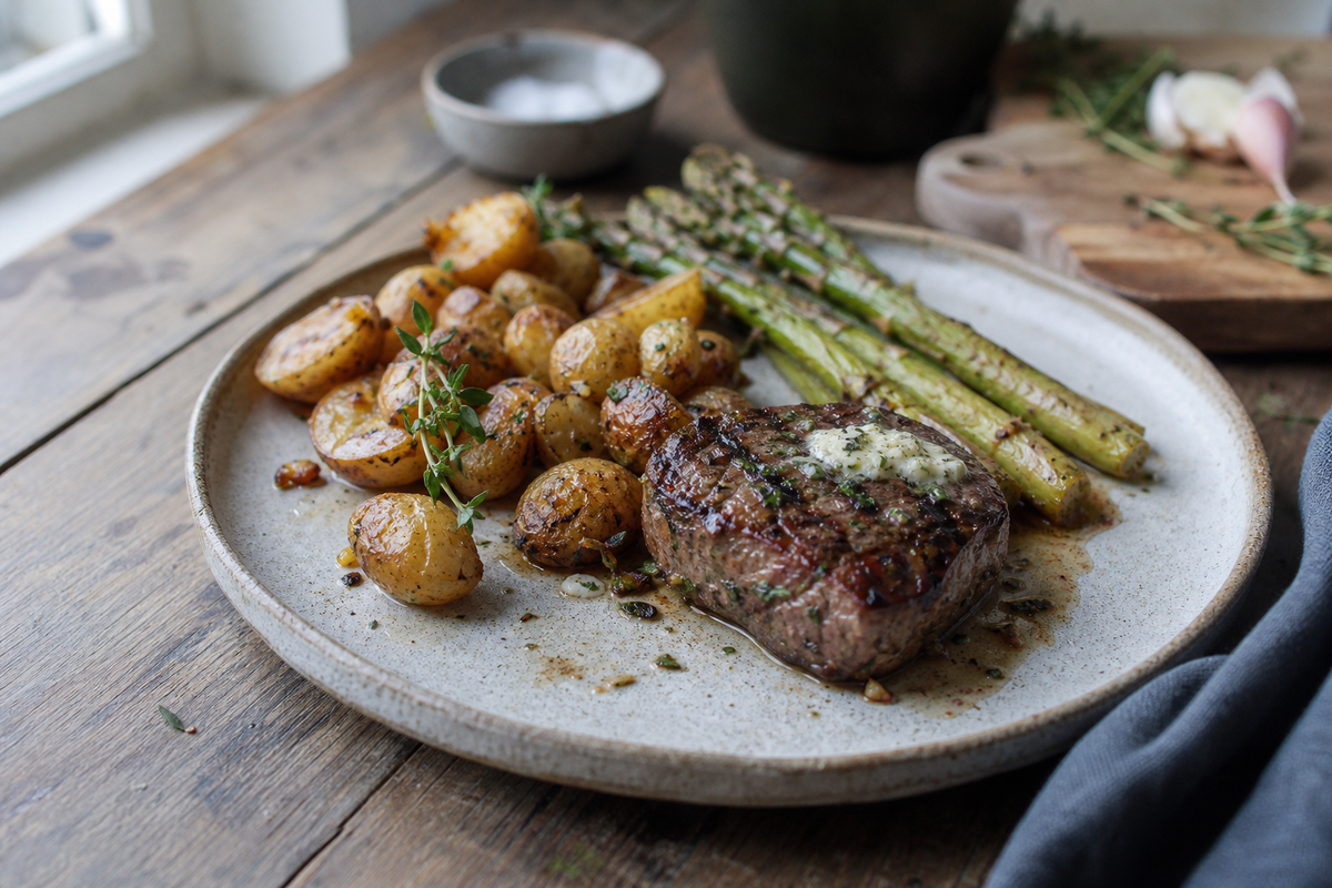 Gegrilde tournedos met knoflookaardappels en groene asperges