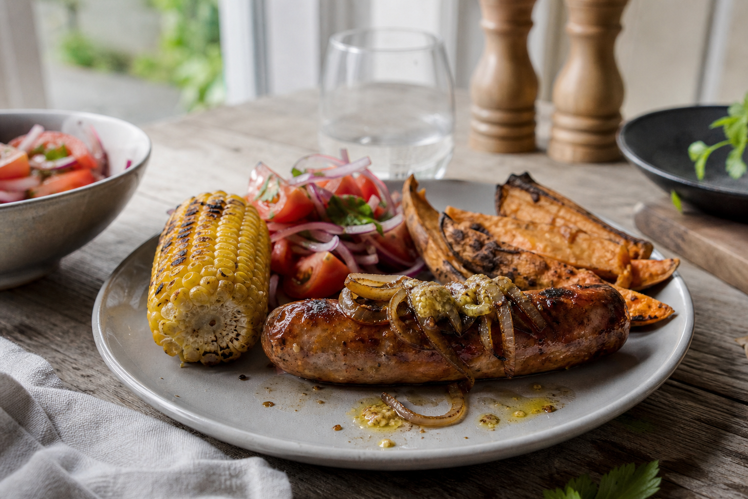 Saucijzen van de BBQ met mosterd en ui