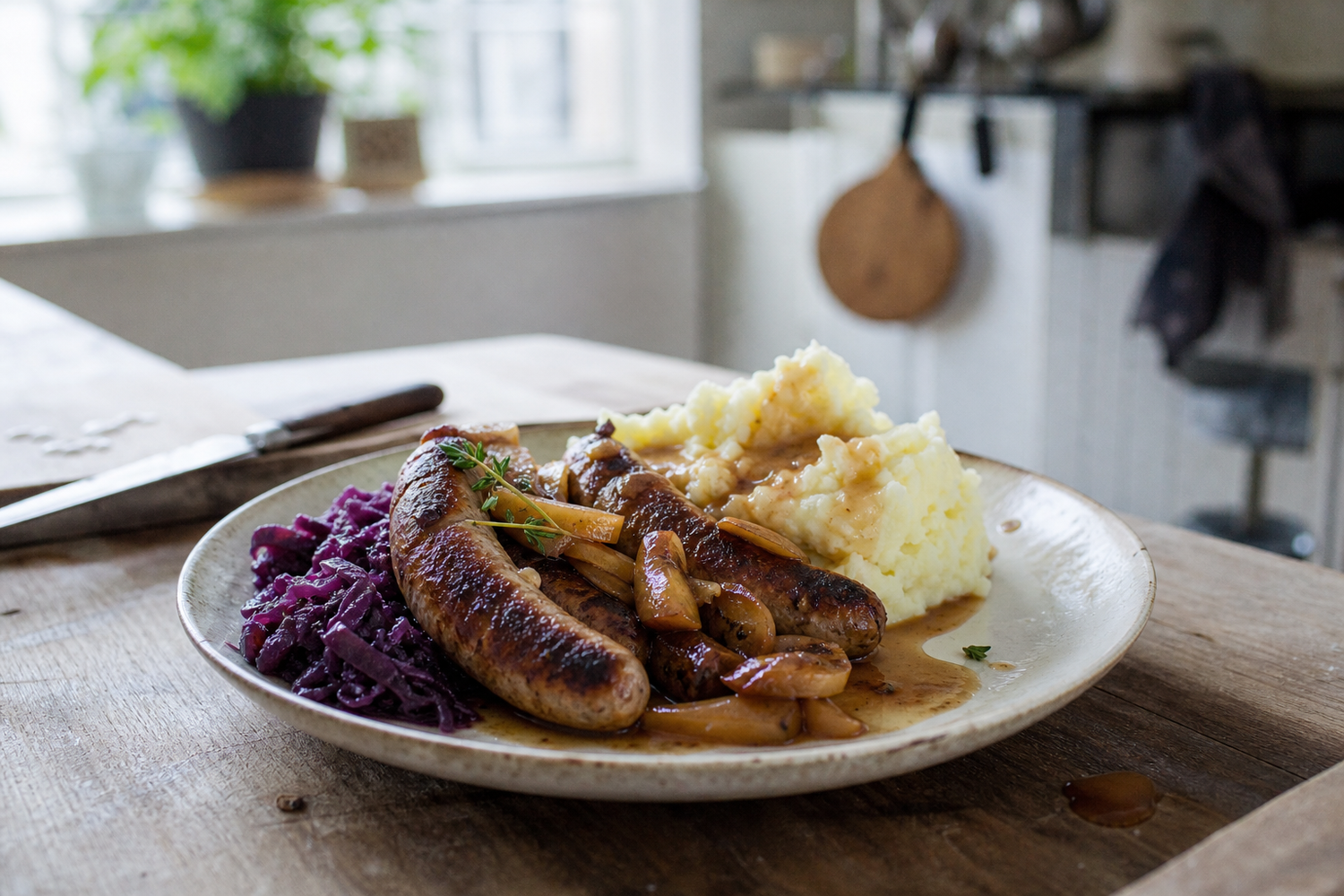 Saucijzen uit de pan met appel en jus