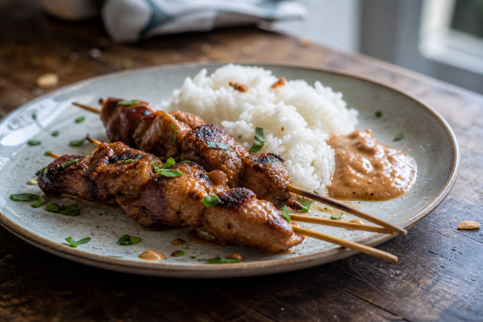Saté van de grill met pindasaus