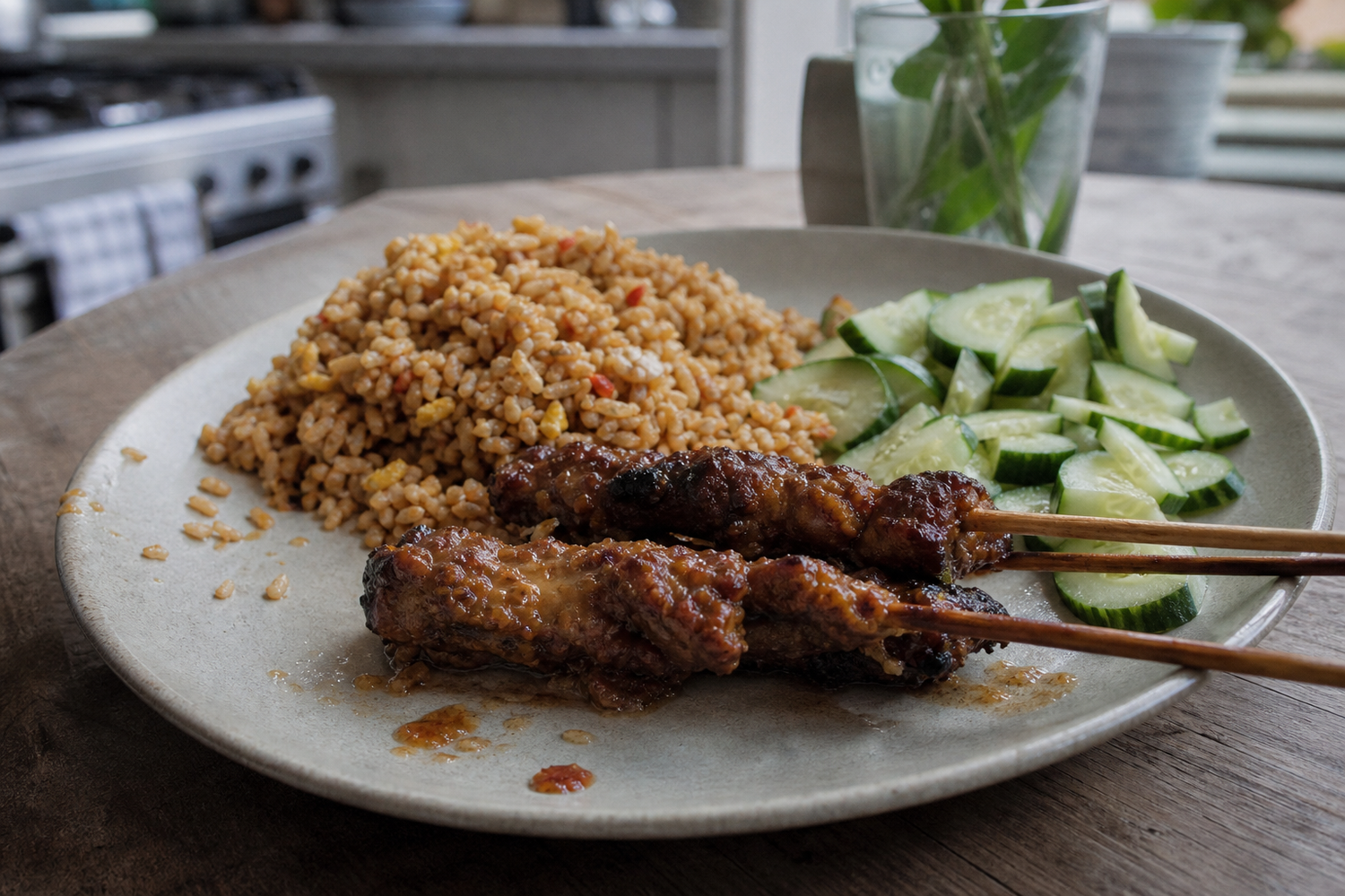 Saté uit de oven met nasi en komkommer